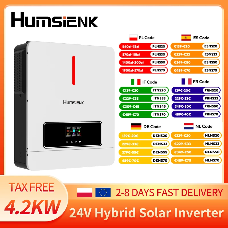 Humsienk 4.2KW Hybrydowy Inwerter Solarny 24V 220Vac z Kontrolerem MPPT 120A Czysta Sinusoida PV 4200W 500VDC Off-Grid Domowy RV Zasilanie Awaryjne