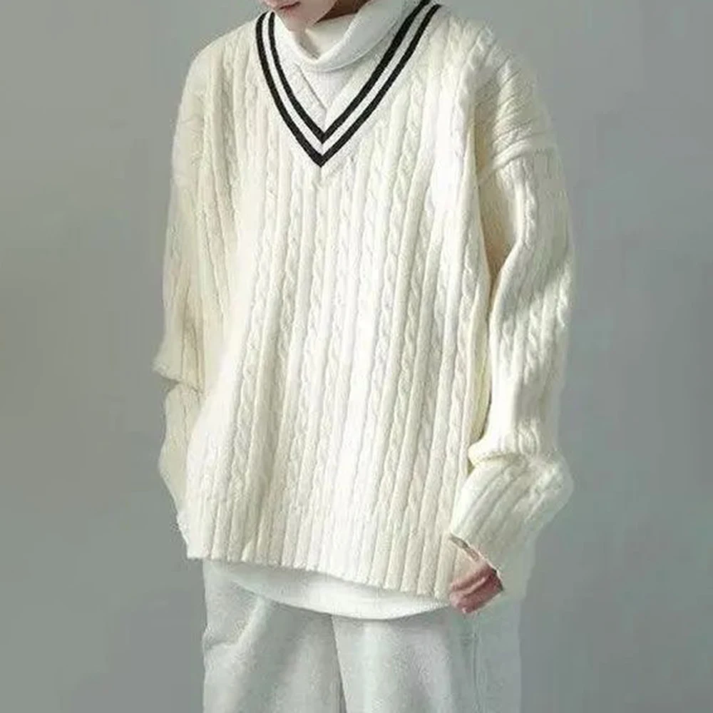 Mens College Style Knitted Sweater 2024 Spring New Genderless Fashion Temperament Retro Loose All-Match Knitted Sweater Unisex