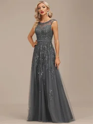 Elegant Beaded Sequined A-Line Scoop Neck Back Zipper Without Legs and Ground Lace Tulle Dinner Reception Formal Evening Gown