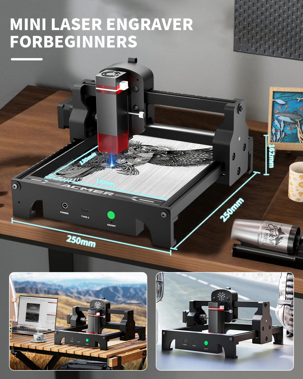 ACMER S1 6.5W 휴대용 레이저 조각사 0.04mm 고정밀 압축 스팟 목재 용 미니 레이저 절단 조각 기계