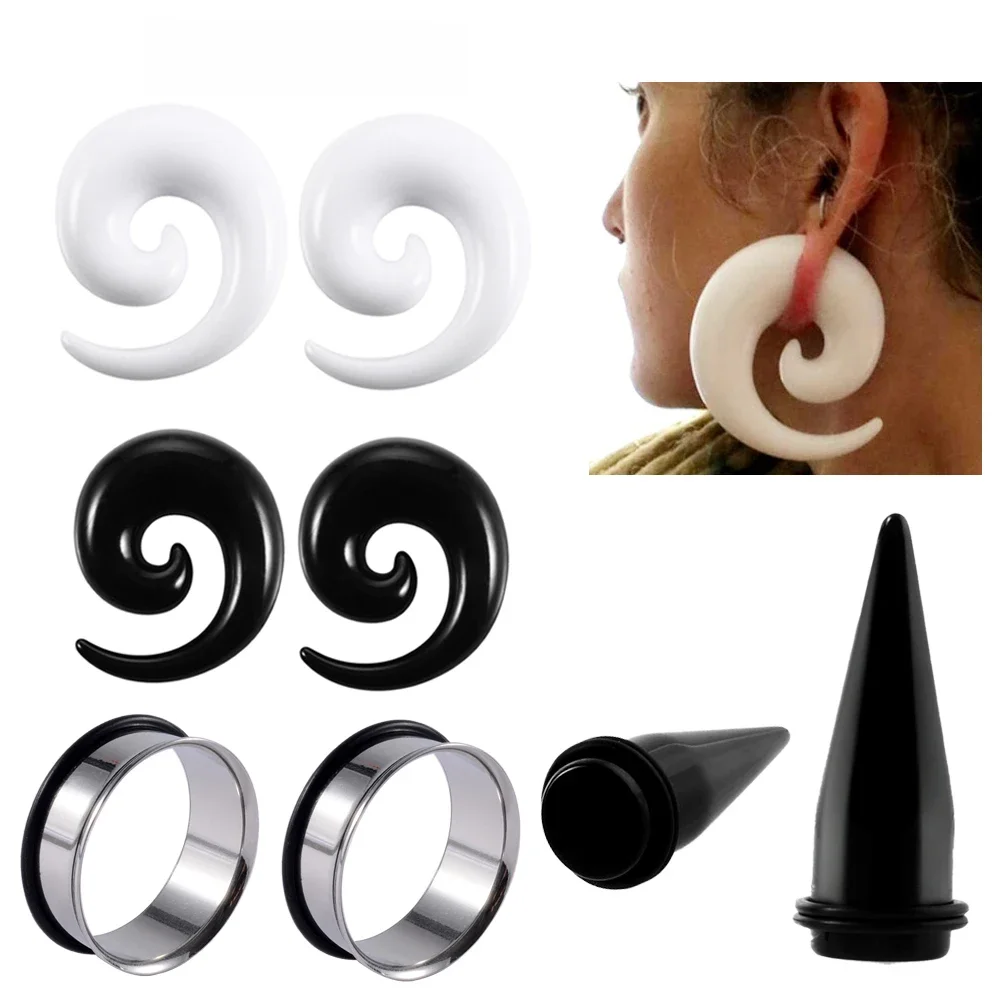 Civière d'oreille en spirale acrylique noir et blanc, 2 pièces, conique, grande taille, Piercing, extenseur d'oreille, bouchons de Tunnel en acier, bijoux pour le corps 12mm-24mm