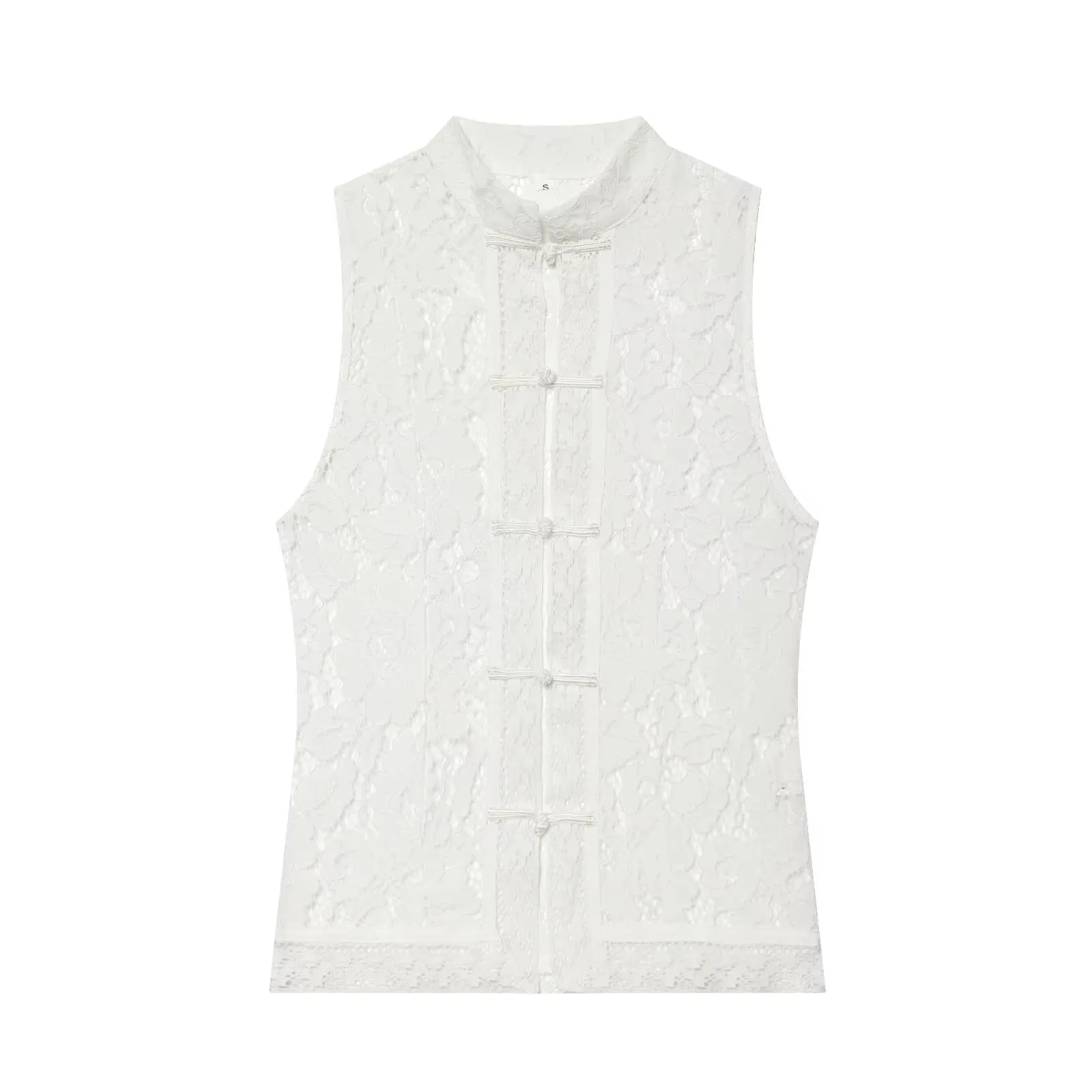 Women See Through Lace Vest Vintage Chinese Elements Sleeveless Shirt Sexy Hollow Out Crop Tank Tops High Street Cardigan