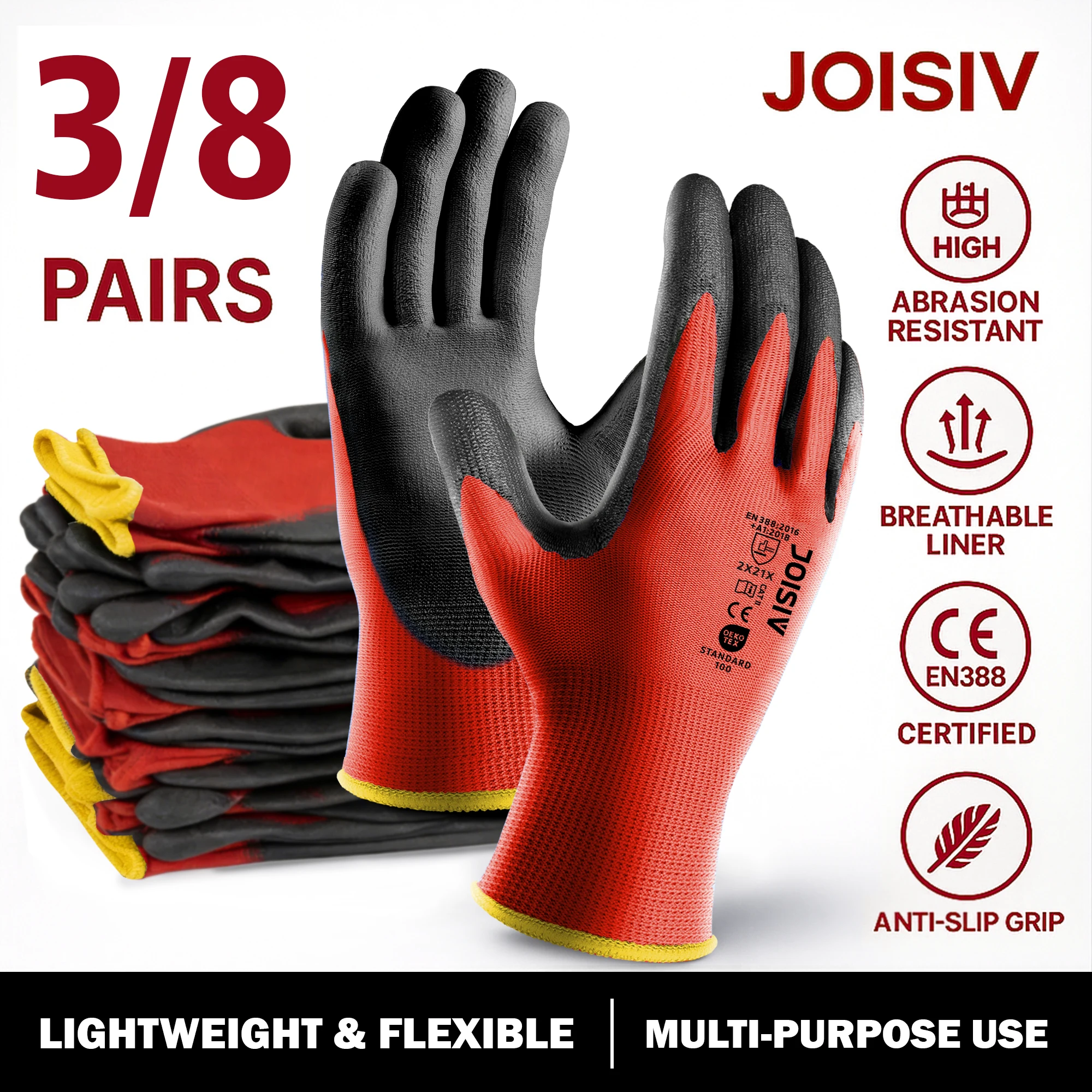 3/8 Pares de Luvas de Trabalho Sem Costura com Revestimento PU Vermelho para Homens, Duráveis e Antiderrapantes para Construção, Armazém e Automotivo