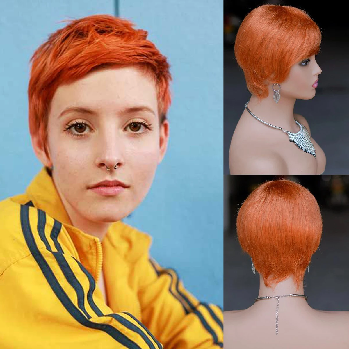 Wig potongan Pixie pendek oranye jahe rambut manusia untuk wanita hitam rambut manusia Remy Brasil wig Bob berlapis Pixie potongan dengan poni