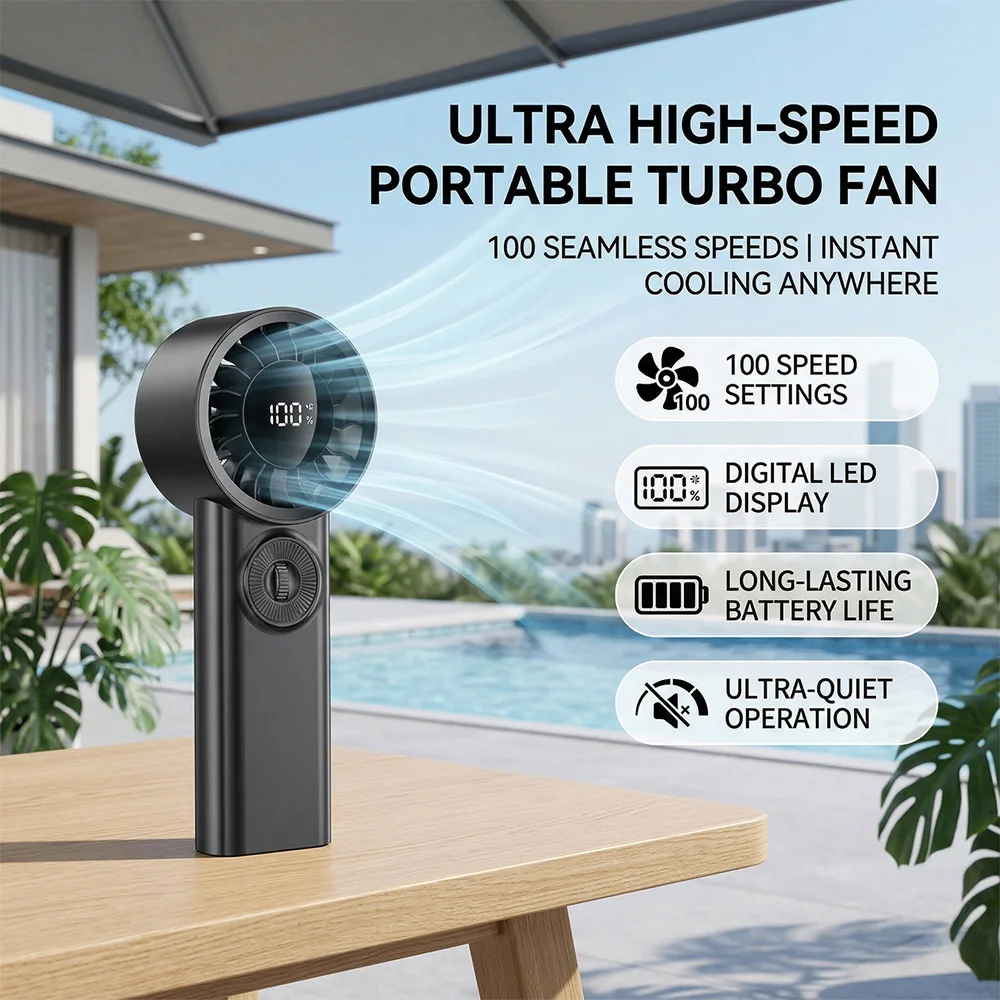 Handgehaltener Turbo-Ventilator mit 100 Geschwindigkeitsstufen, Mini-Tragbarer Lüfter mit Digitalanzeige, Hochgeschwindigkeits-Akku-Ventilator für Zuhause, Büro, Reisen und Outdoor