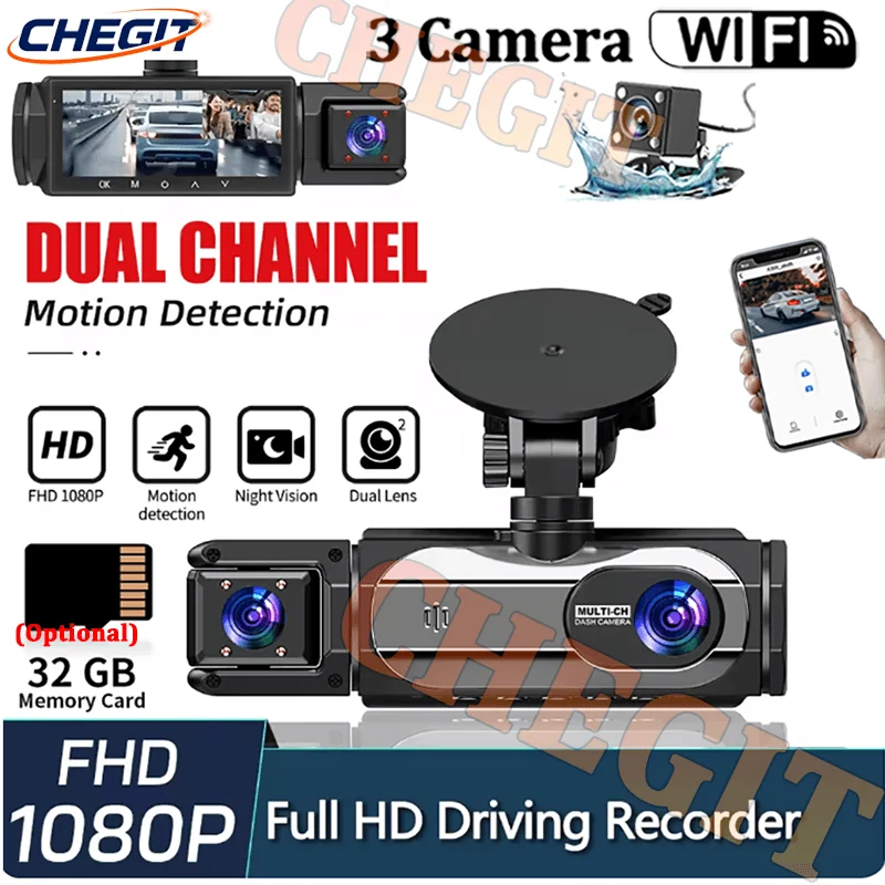 3.16인치 차량용 블랙박스 WIFI 2/3채널 차량용 DVR 1080P 비디오 레코더 야간 시야 후방 카메라 차량 액세서리