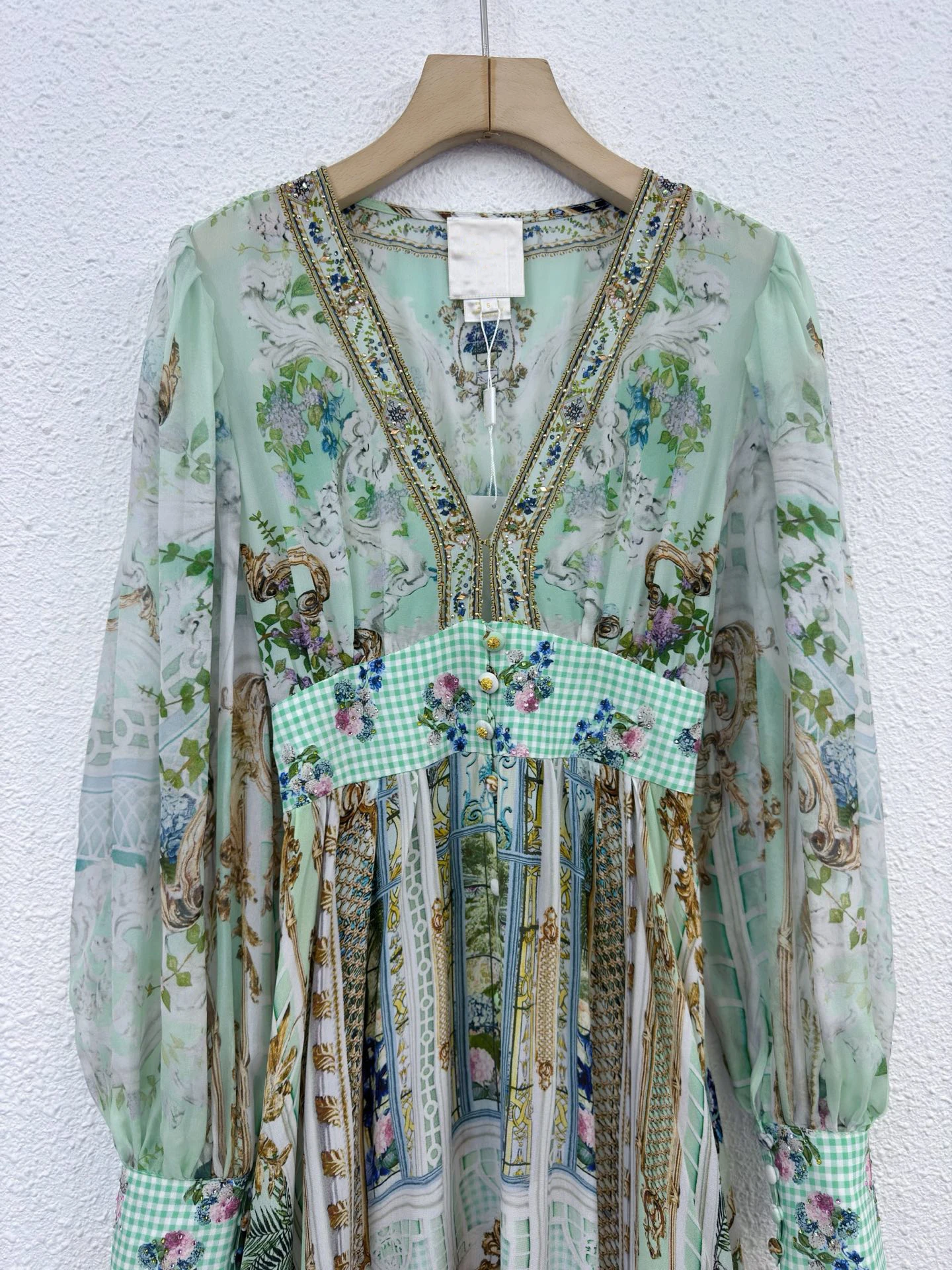 Abito lungo a maniche lunghe Boho in vera seta al 100% per donna Abito fluido con vita a quadretti con stampa barocca verde menta