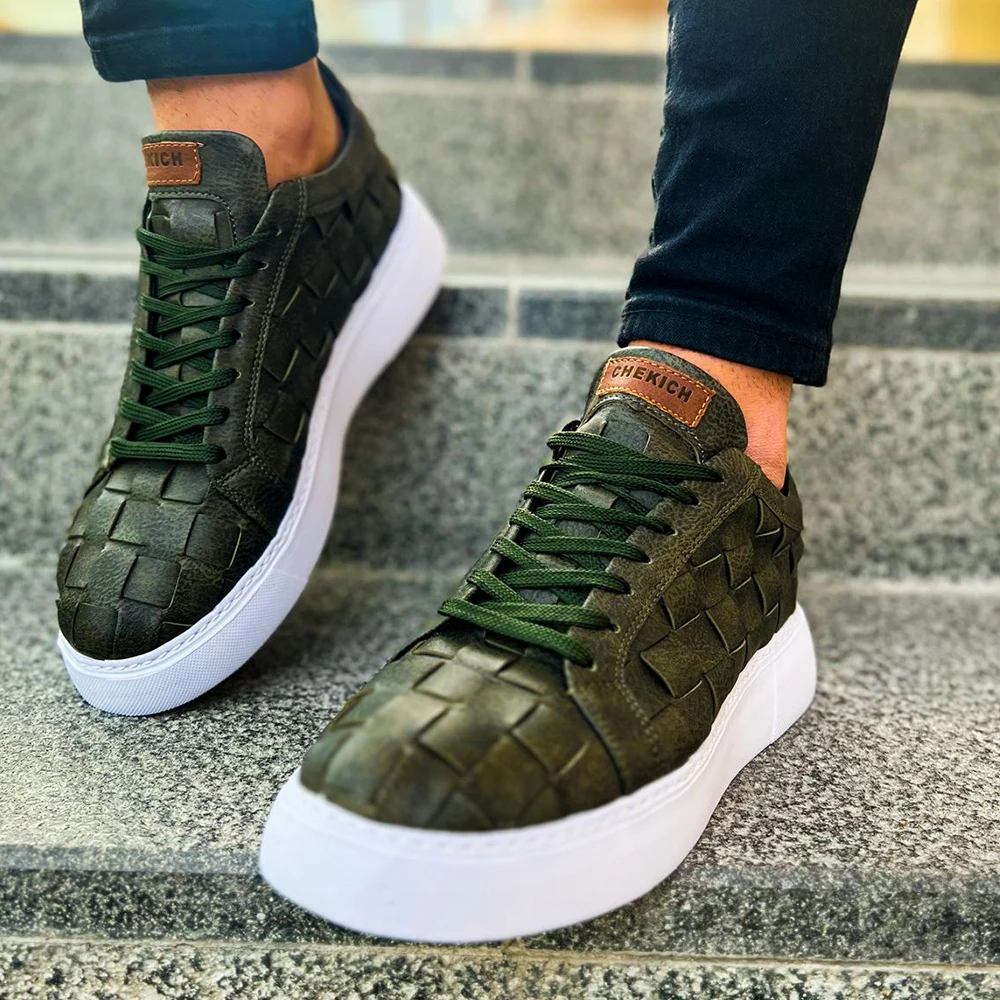 FOH Store Sneakers for Men GREEN Artificial Leather 2023 Spring Autumn Casual Lace Up Fashion Shoes High Base Sport Comfortable Light Vulcanized