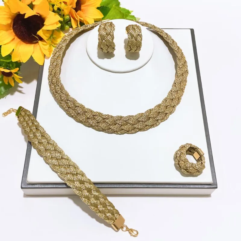 Yulaili Braided Twisted Rope Choker Jewelry Set Gold Plated Alloy Dubai Wedding Party Necklace Earrings Bracelet Ring HS2603