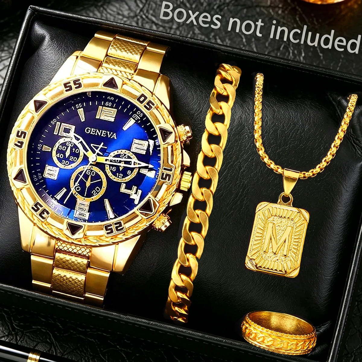 4-piece set, men's stylish large dial watch paired with a Cuban bracelet, square M pendant necklace, and ring, suitable for everyday wear, an excellent gift for him, watch box not included.