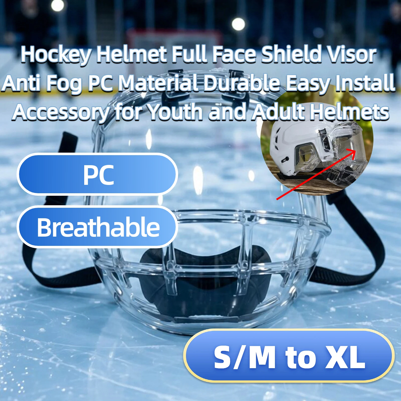 

Hockey Helmet Full Face Shield Visor Anti Fog PC Material Durable Easy Install Accessory for Youth and Adult Helmets