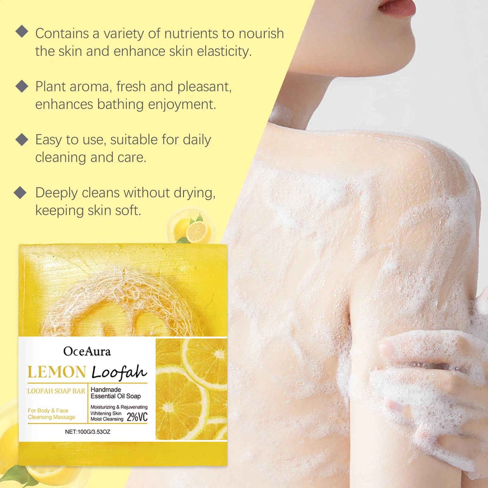 Oceaura Sapone per la pulizia del corpo al limone Pulizia delicata Tubi per il corpo Controllo dell'olio Nessun detergente idratante rinfrescante per la pelle del viso e del corpo