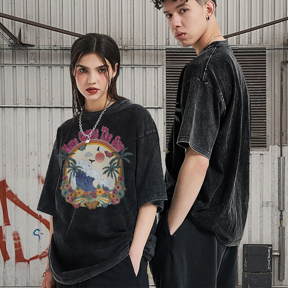 

Вот приходит солнце, летняя футболка с принтом волнисты, женская модная крутая футболка, потертая футболка большого размера с круглым вырезом, мягкая футболка с коротким рукавом