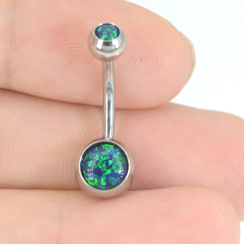 1Pc Surgical Steel Opal Navel Rings 14G Fire Opal Silver Color Dangle Ball Belly Button Rings Piercing Body Jewelry Men Jewelry