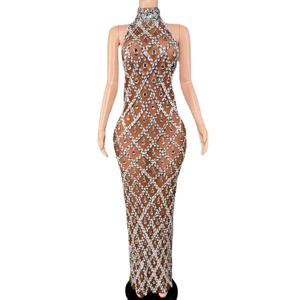Robe longue sans manches à strass scintillants pour femme, élégante en maille, idéale pour les soirées, mariages, bals de promo, anniversaires et