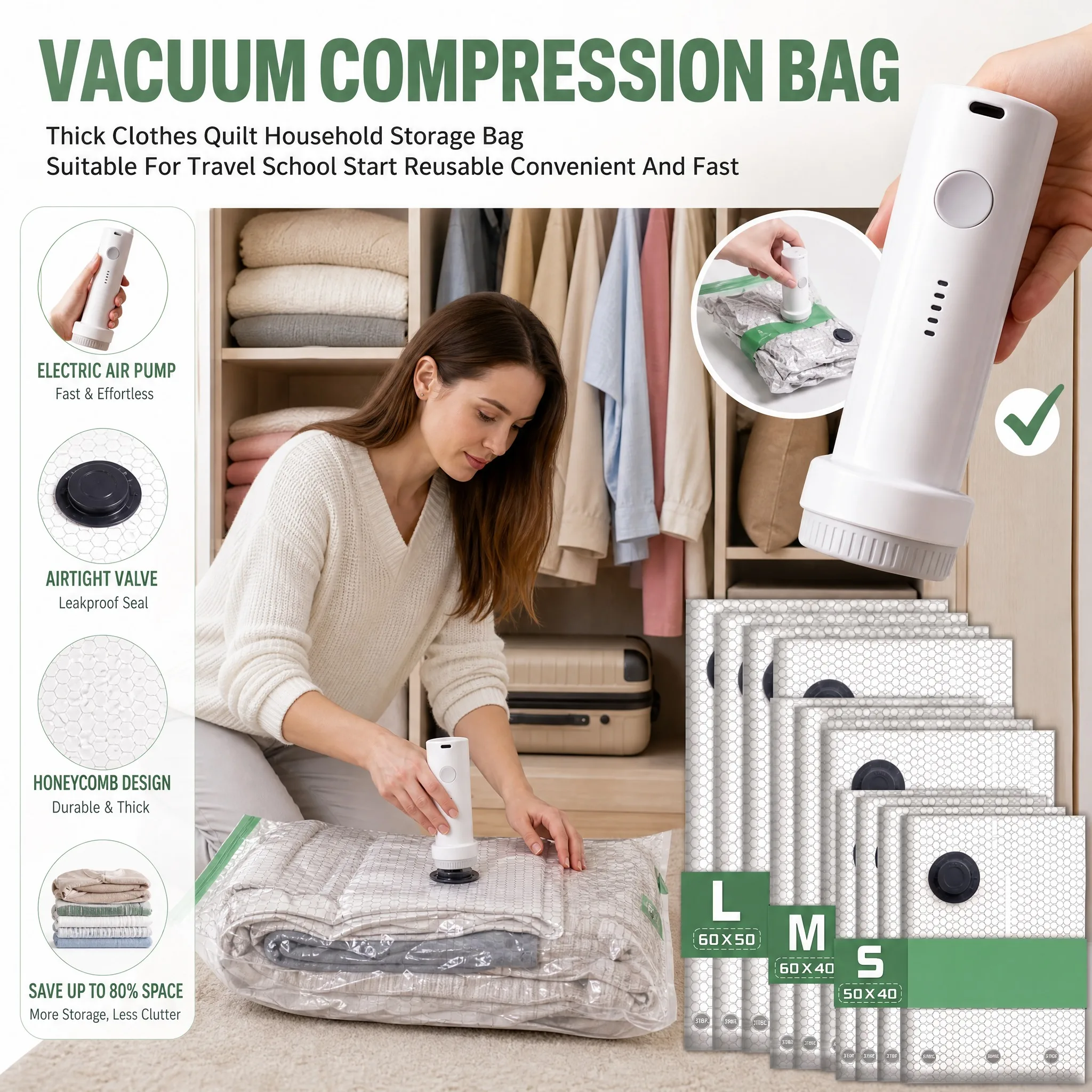 15 Packs/Set Vacuum Storage Bags with Electric Pump Reusable Compression Bags for Clothes Travel Luggage Bedding Organizer