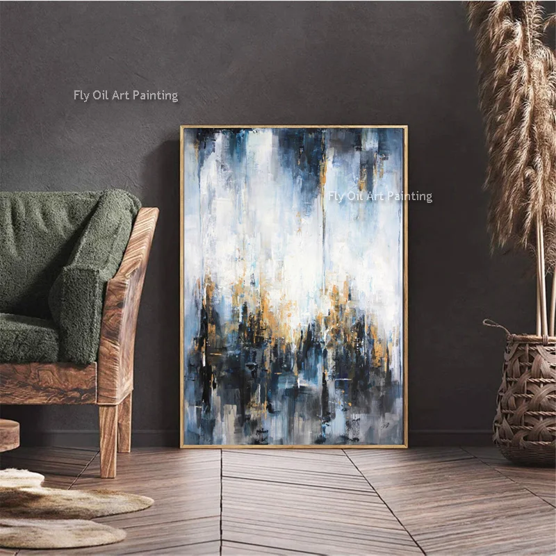 Luxurious Blue Silver Oil Painting Texture Abstract Artwork Hand Painted Gold Foil Wall Decor Large Room Wall Canvas Painting