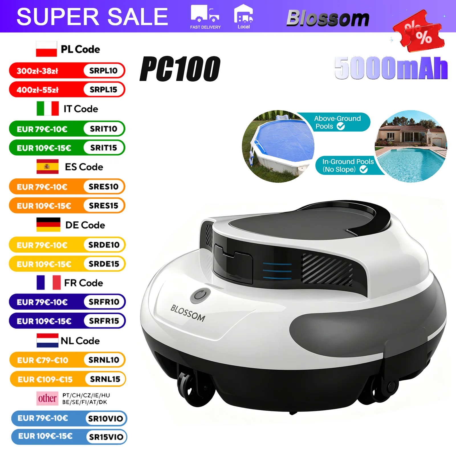 Robot Nettoyeur de Piscine Sans Fil Blossom PC100, Batterie 5000mAh Autonomie 100+ Minutes, Étanche IPX8, Nettoyage Automatique One-Click, Léger et Entretien Facile, Convient aux piscines hors sol et