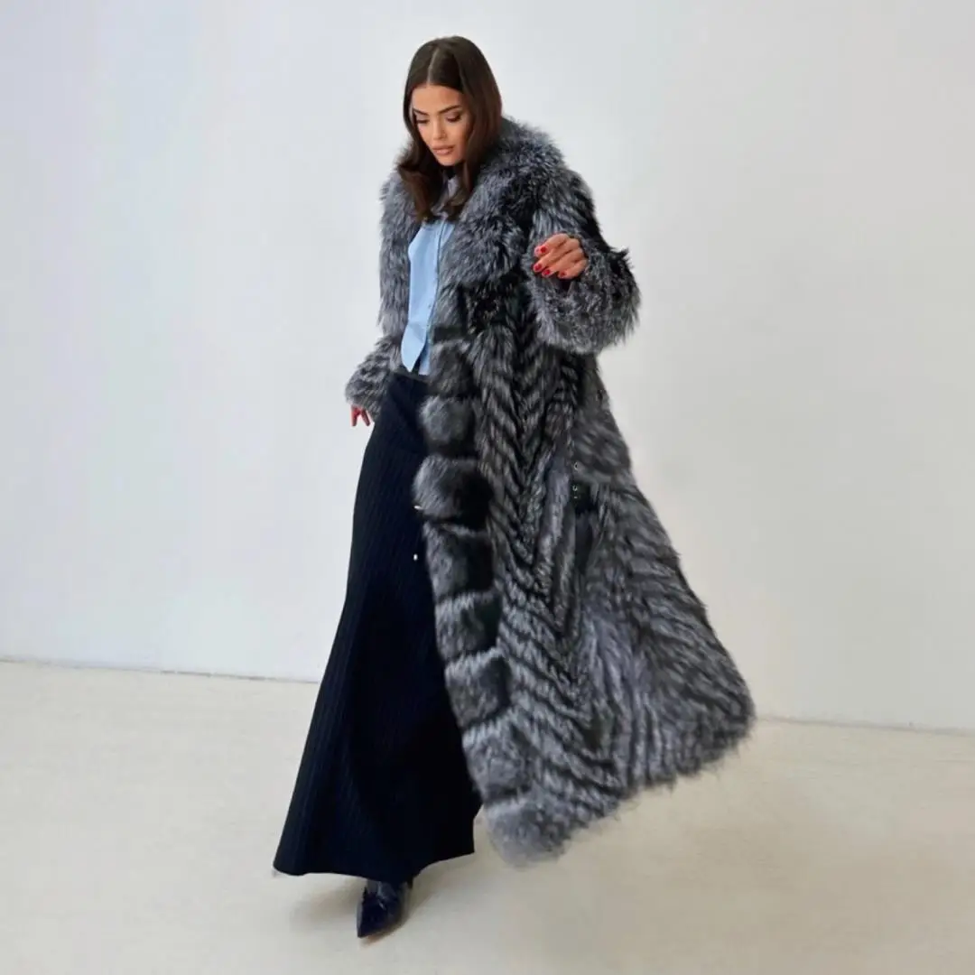 125cm X-long Natural Silver Fox Fur Coat with Big Turn-down Collar Winter Fashion High Quality Full Pelt Genuine Fox Fur Coats