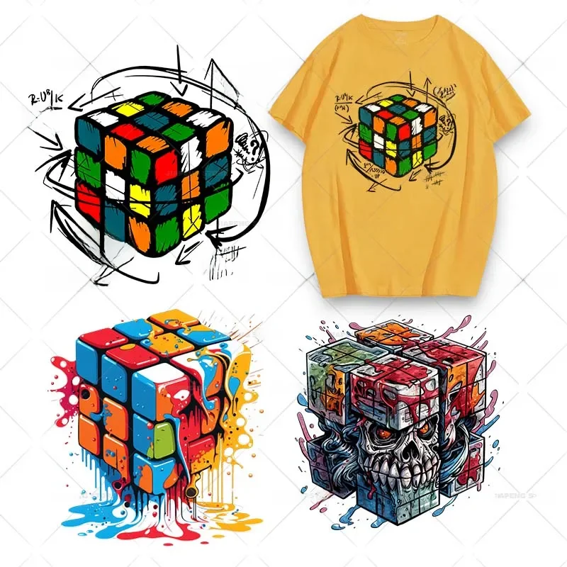 Autocollants d'impression de Rubik's Cube colorés, fer sur les transferts de chaleur pour les vêtements, dessin animé cool, thermique sur t-shirt, décor d'appliques, mode