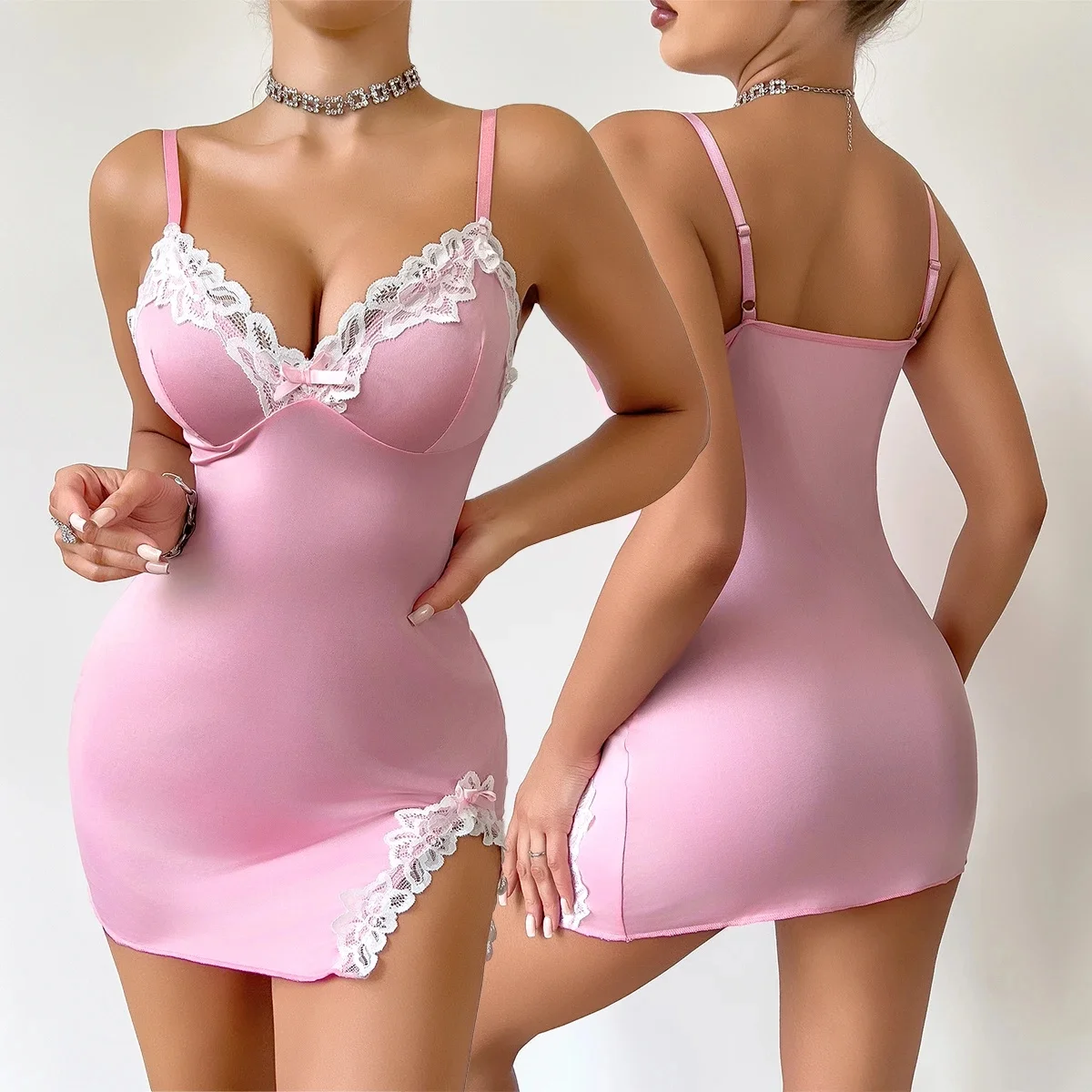 Été chaud femmes chemise de nuit séduisante rose profond V sans manches mode dentelle sommeil pyjamas robe dames Lingerie chemise de nuit Homewear