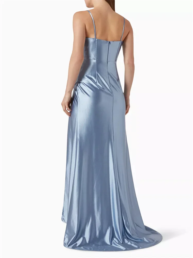 Customized Elegant Satin Bodice Draped Evening Gown Sleeveless Draped Sweetheart Neck Skirt Pleated Flare High Slit Dress