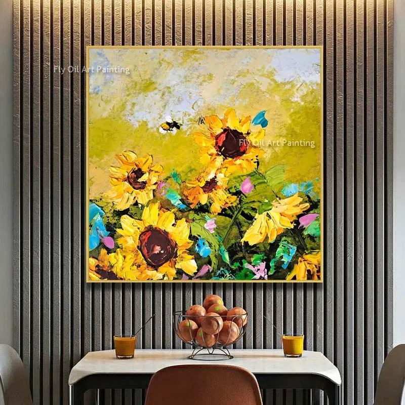 Sunflowers Natural Oil Painting Honeybee Original Art Flowers Impasto Canvas Painting Hand Painted Floral Yellow Wall Art Decor