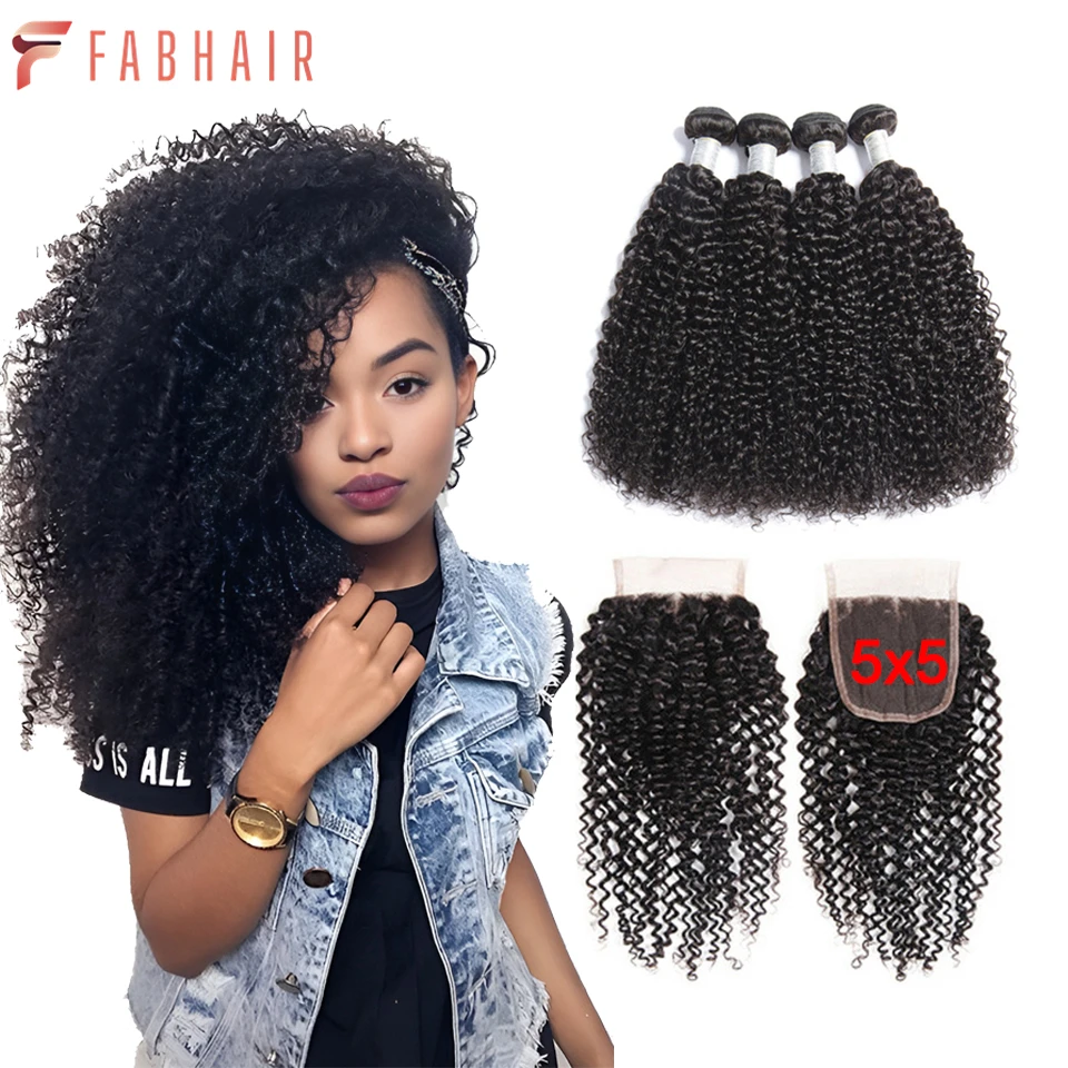 

FABHAIR Kinky Curly Human Hair Bundles With Closure 5x5 Transparent Lace Closure With Bundles Brazilian Remy Human Hair Weave