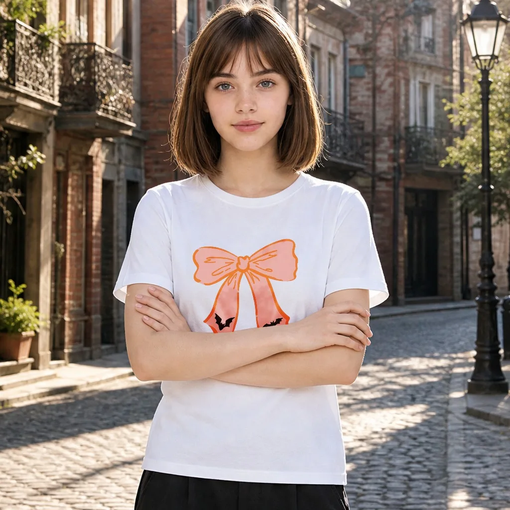Checkered Bow Graphic Women T‑Shirt, Cute Halloween Ghost Print Short Sleeve Tee, Soft Casual Daily Top, Fun Gift for Lovers.