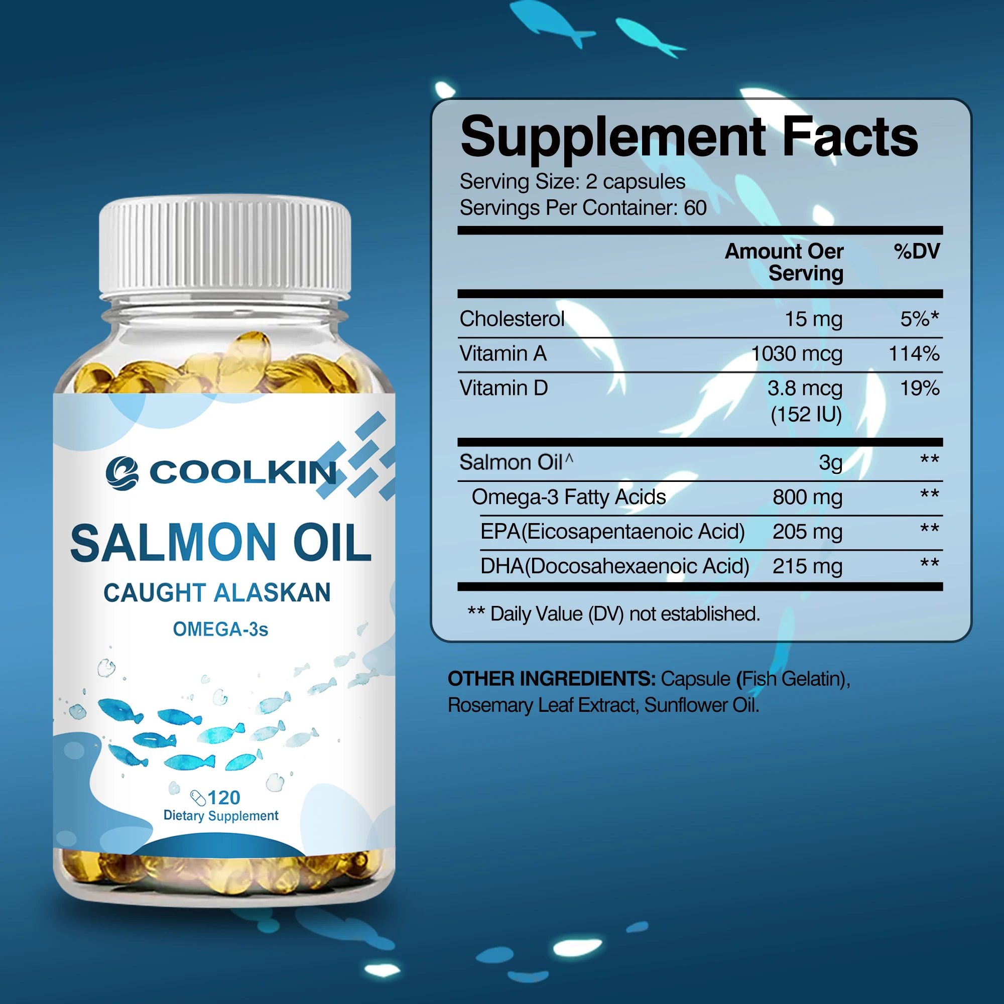 Salmon Oil Capsules - Rich in Omega-3 Fatty Acids, EPA, DHA - Supports Brain, Heart, Joint and Skin Health - 120 Capsules