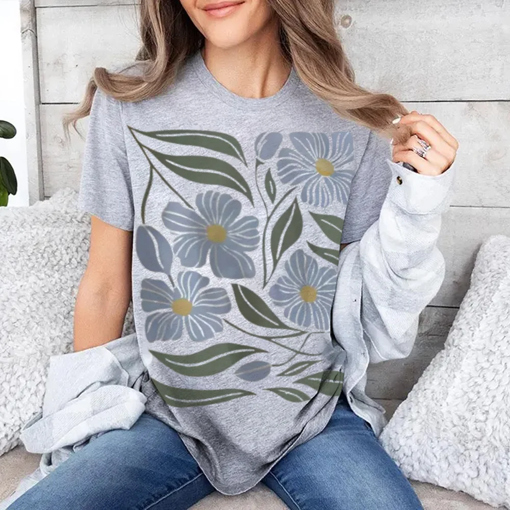 

Y2k Graphic Printed Round Neck T-Shirt Leaf Summer Spring Women Men Short Sleeve Vintage Blue Flower