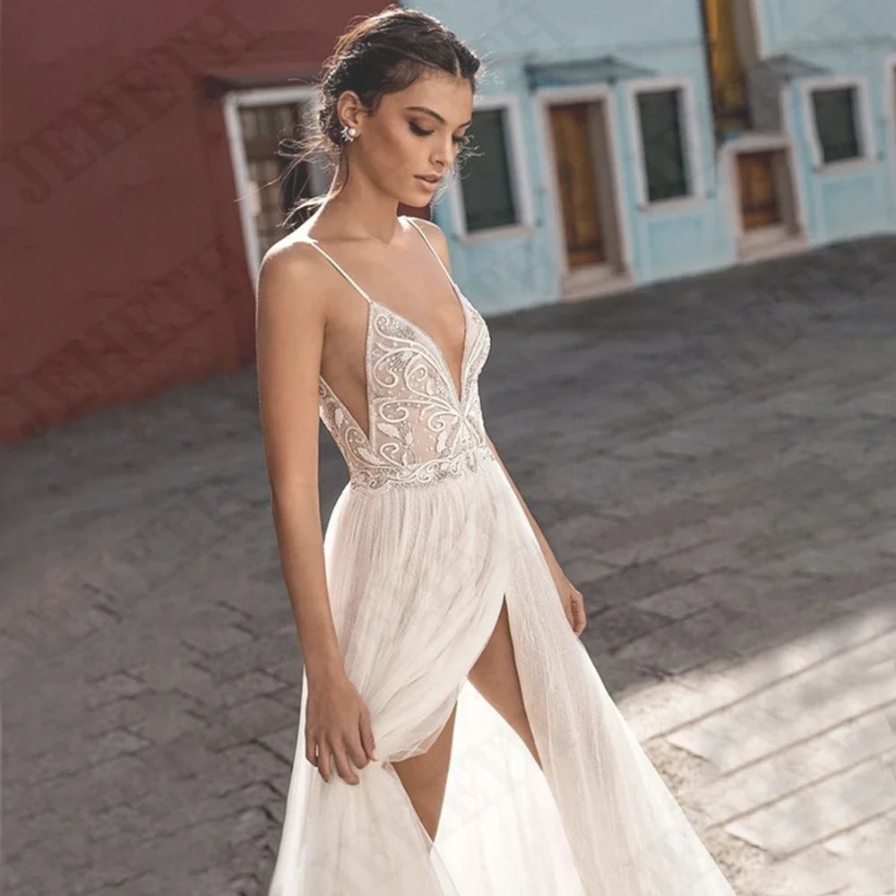 JEHETH Beautiful Applique A-Line Embroidered Yarn Halter Backless Wedding Dress Sexy V-Neck Floor-Length Slit 2024 Bridal Dress