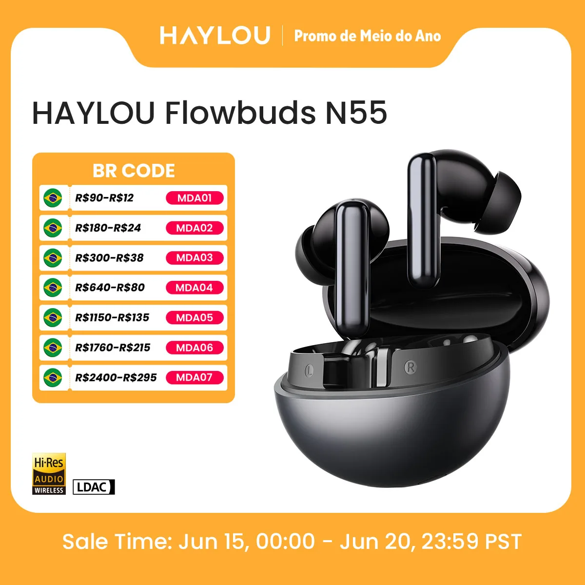 Fones de Ouvido Sem Fio HAYLOU Flowbuds N55 com ANC Adaptativo de 54dB, Bluetooth 6.0, Áudio Hi-Res LDAC, Chamadas HD com 6 Microfones, 40 Horas de Reprodução, IPX5