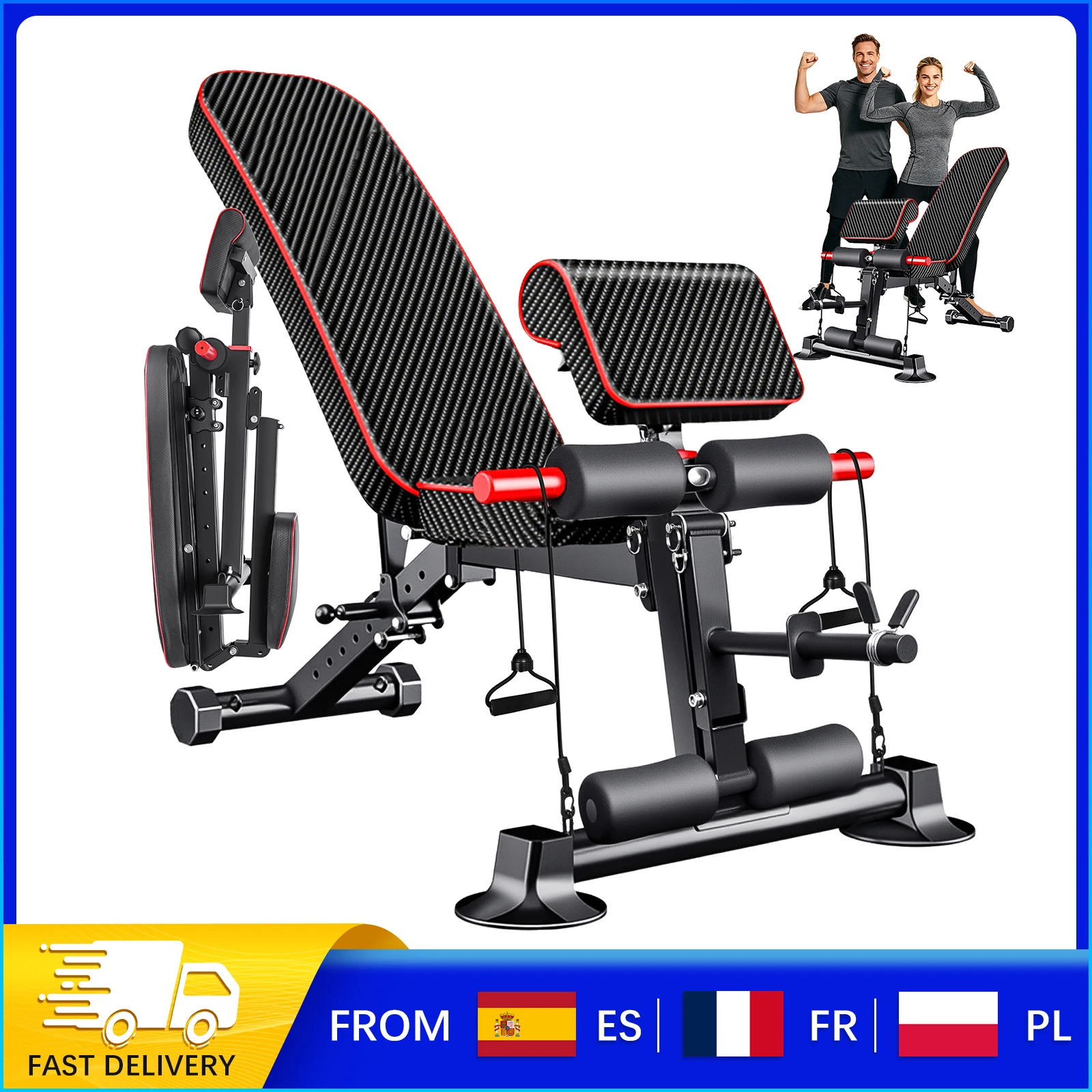 Banc de musculation réglable 350 kg, inclinable/déclinable à 8 niveaux, pliable, avec accessoire pour soulevé de cuisse et cordes de traction pour entraînement complet du corps à domicile