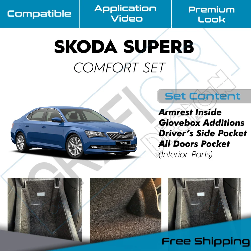 Skoda Superb Ready Fabric Coating In-Car Accessory Self-Adhesive Insulation Effective Coating Set-Door Pockets Only