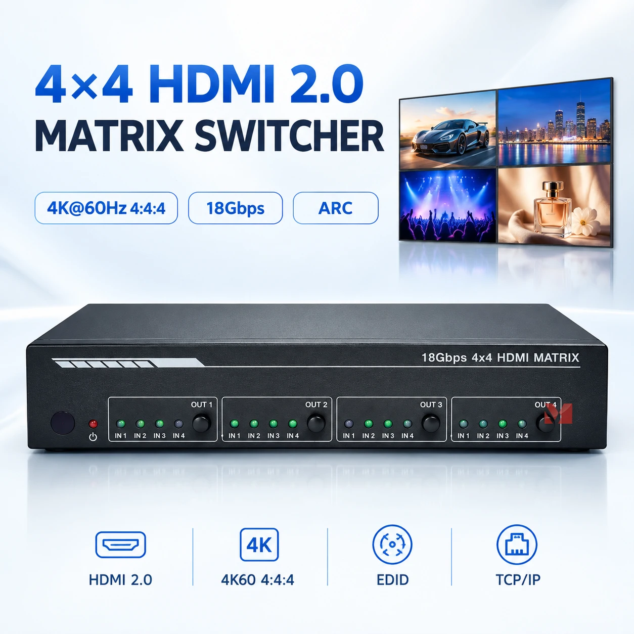 4x4 HDMI 2.0 Matrix Switch 4K60Hz 18Gbps HDMI Switcher ARC EDID L/R Coaxial Audio HDR 3D Video Splitter Switch for Home Theater
