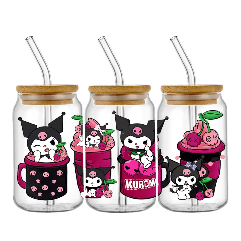 Miniso Cartoon UV DTF Cup Wrap Kulomi Melody Hello Kitty 16oz Sticker Libbey Glass Can Transfer Sticker Waterproof Self-adhesive