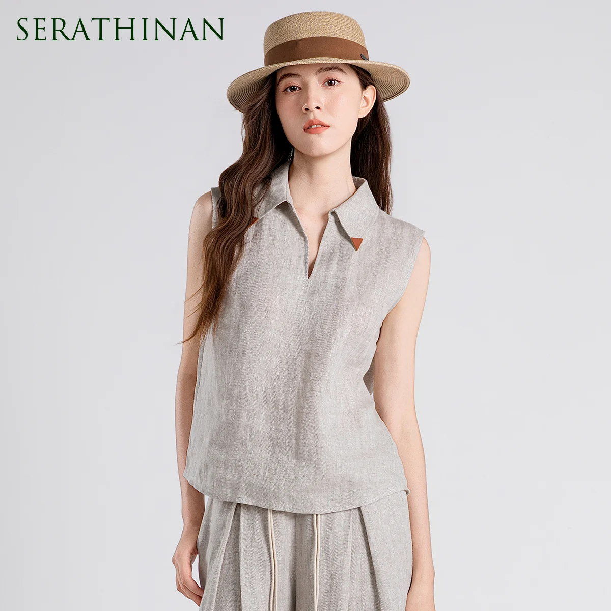 

TX861232 Women's 100% Linen LP Vest Blouse Lambskin Trim Polo Neck Sleeveless Polyester Lining Summer Daily Top