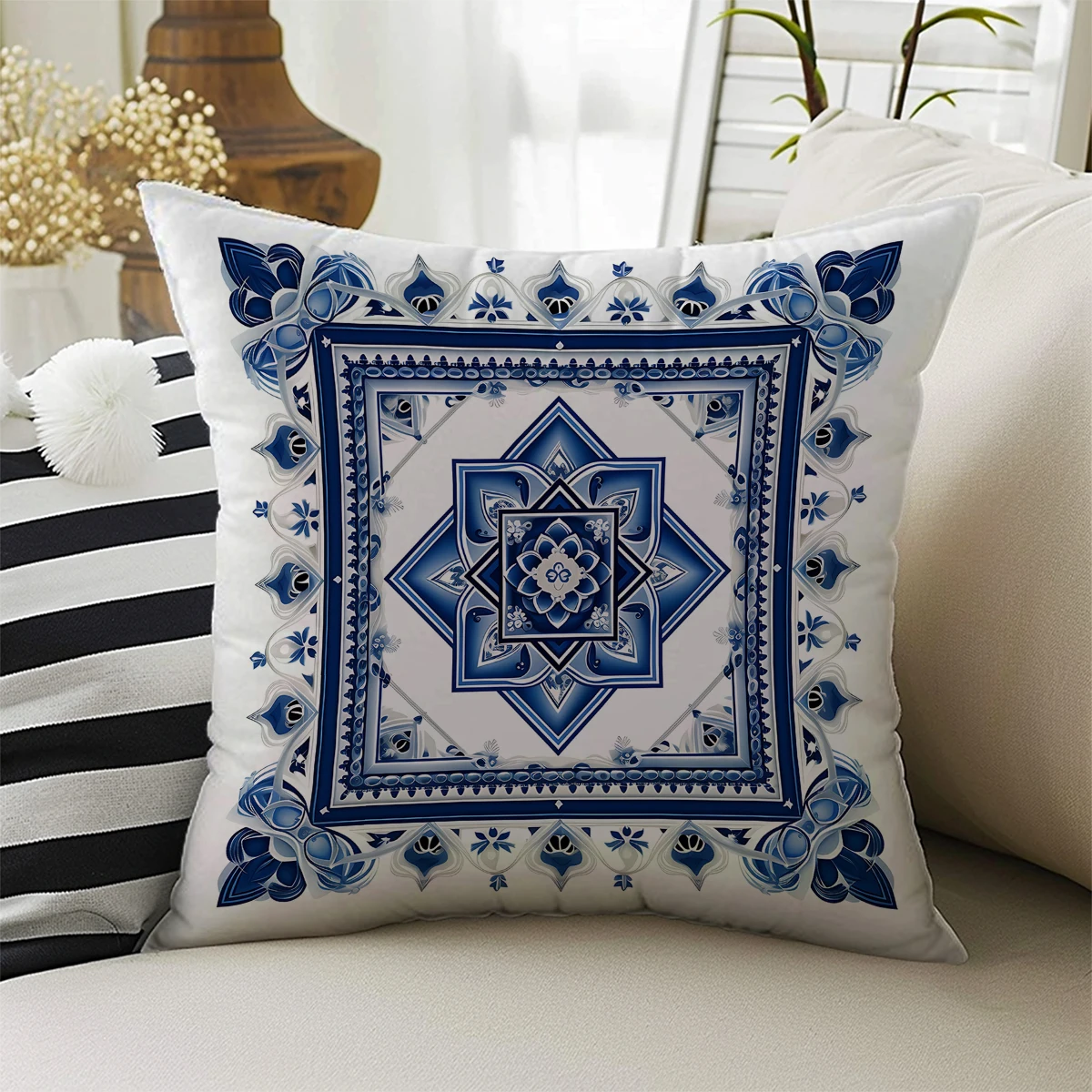 Blue White Ottoman Vintage Double Side Print Pattern Cushion Cover Home Decoration Living Room Sofa Chair Pillow Cover