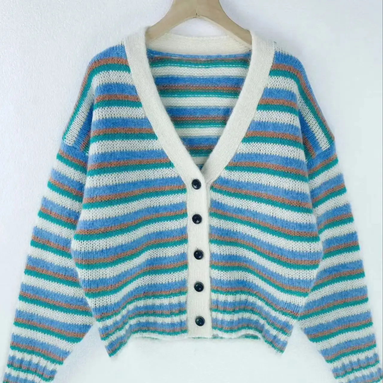 

Elegant classic V-neck striped wool-mohair knit cardigan