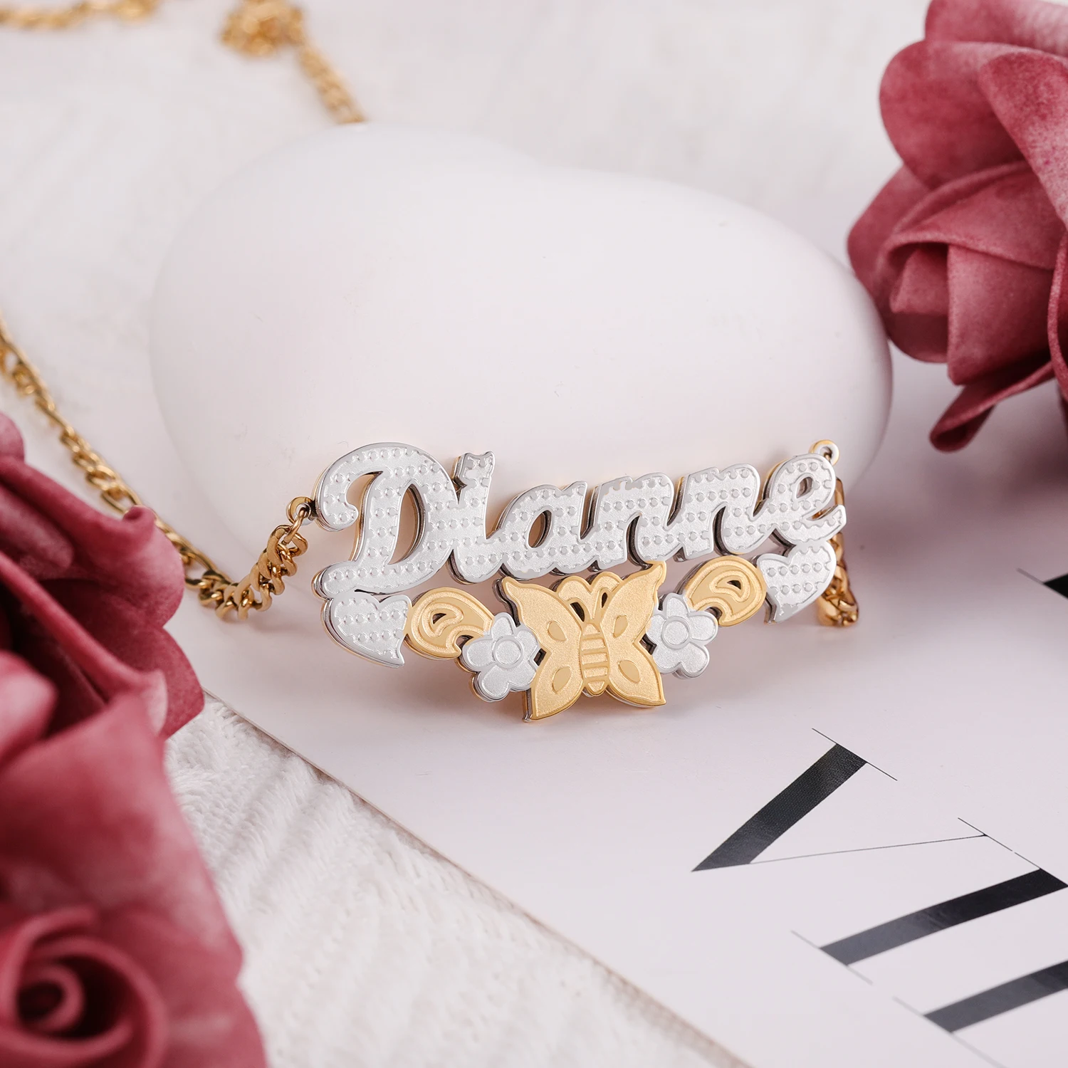 Customized Butterfly Necklace With Name Double Layer Two Tone With Butterfly Flower Personalized Name Necklace For Women Jewelry