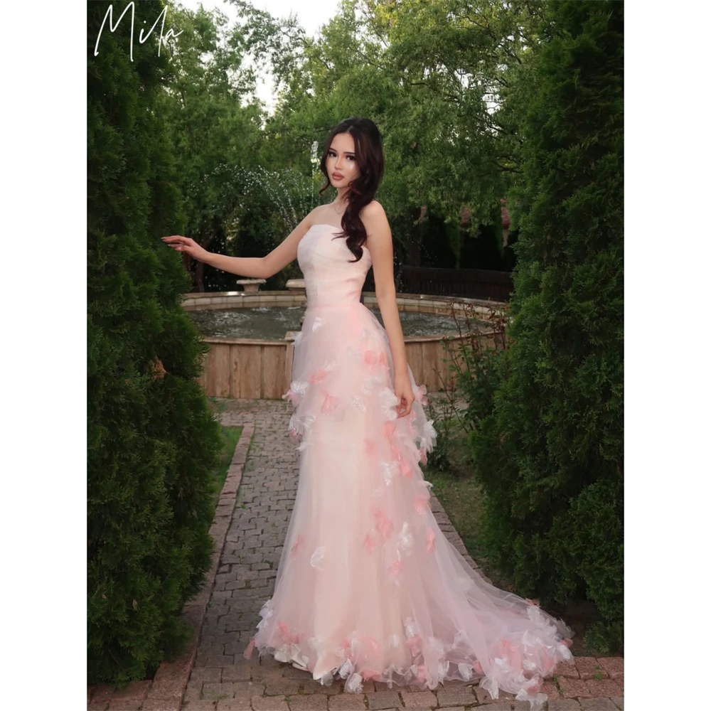 

Mila Customized Pink Strapless 3D Flowers A-Line Prom Dress Elegant Pleated Formal Evening Floor-Length Vestidos De Fiesta 2026