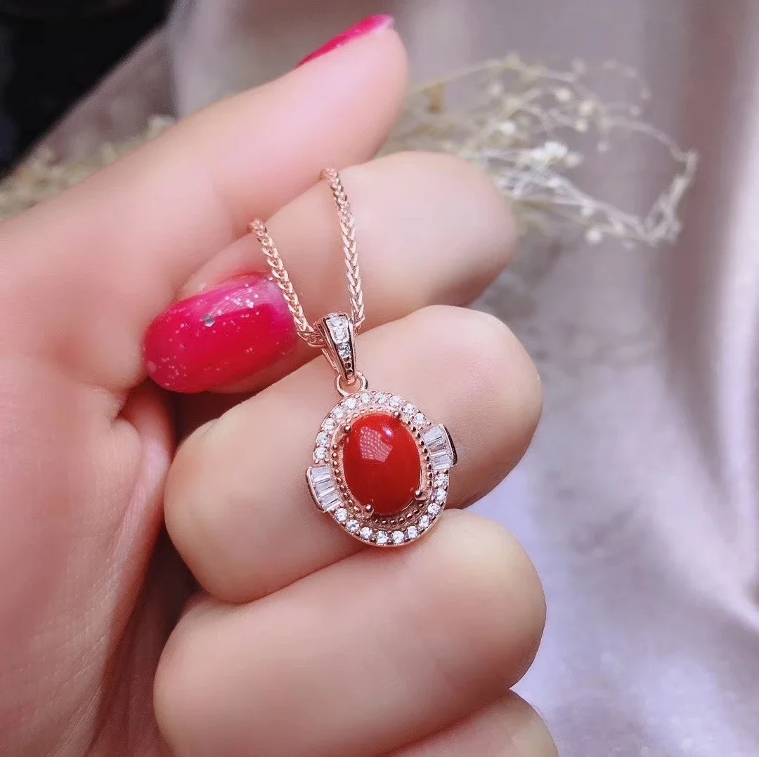 KJJEAXCMY Women's Natural Red Coral Gem Necklace Pendant Ring Earring Set 925 Pure Silver Plated Rose Gold High Carbon Diamond
