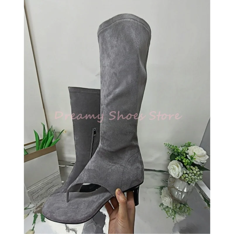 أسود اللمحة تو ساحة تو الركبة عالية ثونغ أحذية النساء الجانب سستة خنجر صندل كعب منخفض مثير موضة أحذية الصيف الحفلات جديد