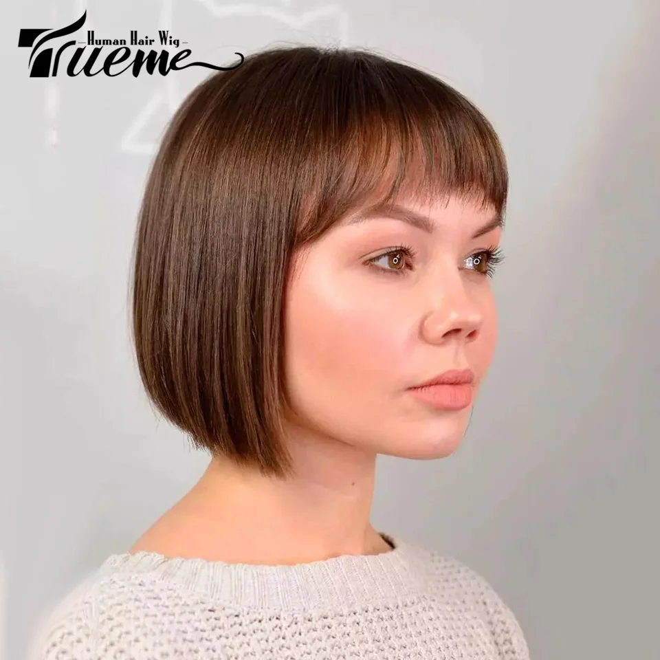 

Trueme Burgundy Bone Straight Bob Wig With Bangs Brazilian Human Hair Wigs For Woman Short Bob Highlight Brown Human Hair Wig