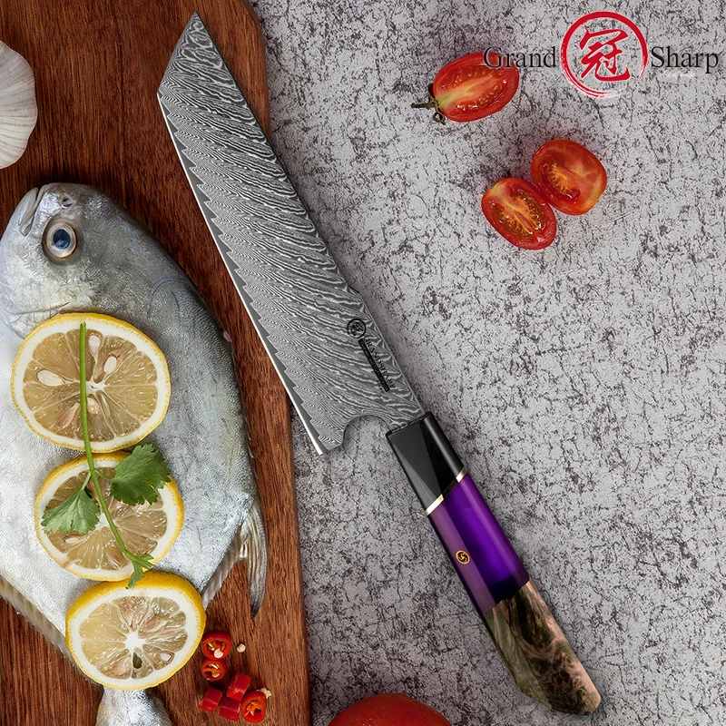 Grandsharp Premium Kitchen Knives Japanese Nakiri Knife Damascus Steel Vegetables Chef's Tools Orange Purple Handle Cleaver New