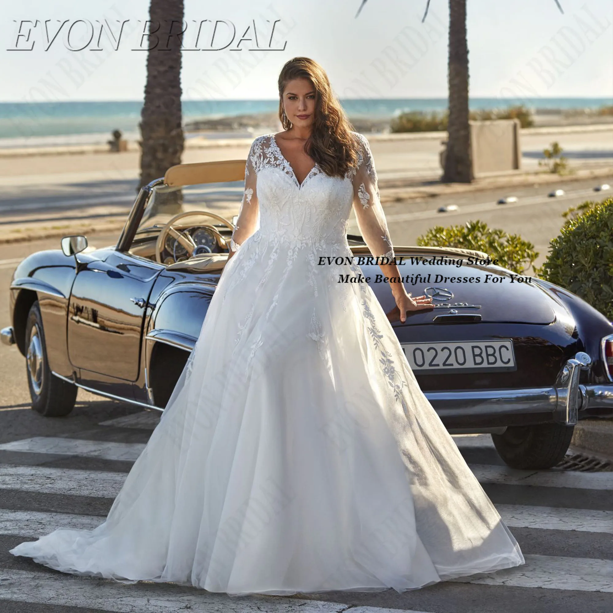 Classic Vintage Wedding Dress In Large Sizes 3/4 Sleeve Tulle Bride Gowns Buttons Appliques Wedding Gowns EVON BRIDAL Customized
