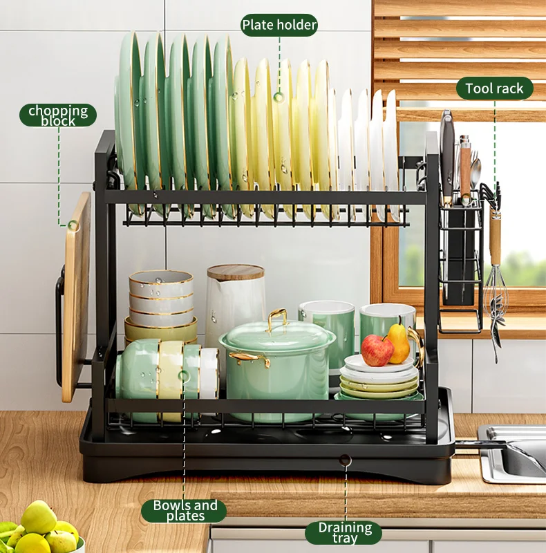 Grand égouttoir à vaisselle à 2 niveaux avec support pour planche à découper, auto-drainant, antirouille, installation facile, gain de place pour évier de cuisine