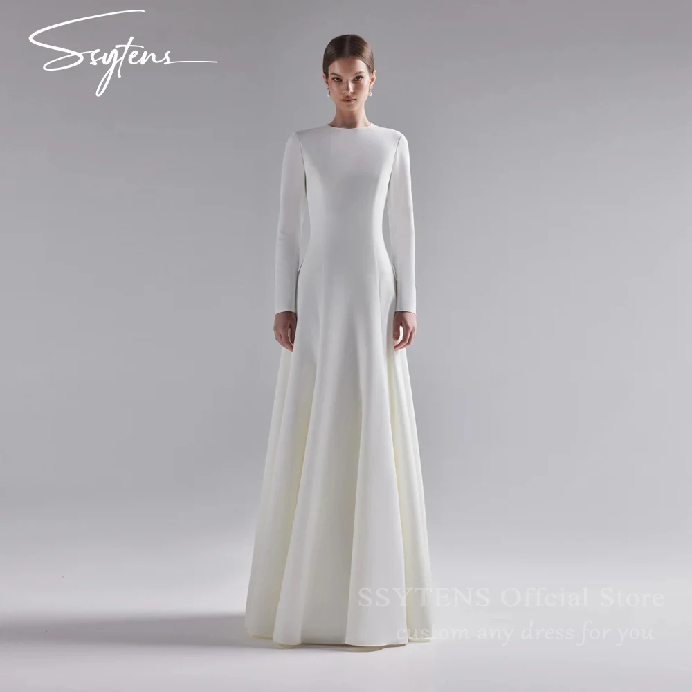 ชุดแต่งงานทรงเอไลน์ยาวหรูหรา SSYTENS สำหรับผู้หญิง คอทรงโอ ผ้าซาติน แขนยาว ชุดเจ้าสาว Vestidos De Novia Boda 2026 รับสั่งตัด