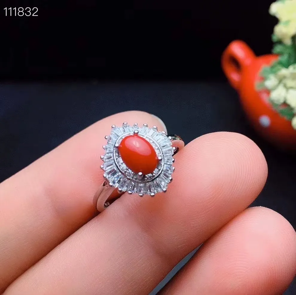 KJJEAXCMY Jewelry Girls' Natural Square Red Coral Gemstone Necklace Pendant Ring Earring Set 925 Pure Silver Plated Platinum view 2